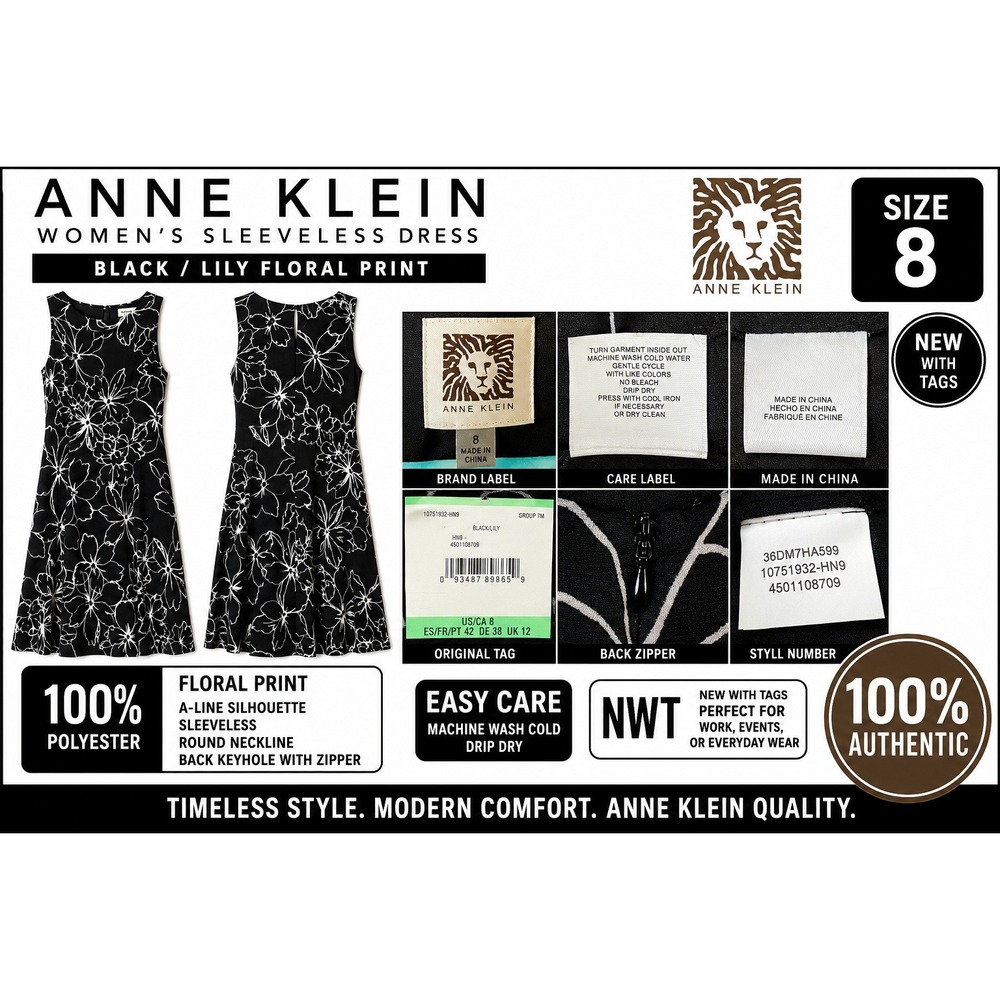 Anne‎ Klein Womens Black White Floral Print Sleeveless Shift Dress Size 8